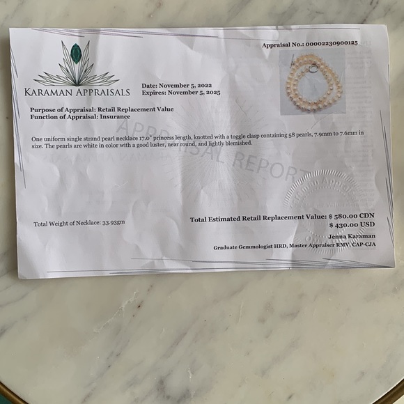 Vintage Authentic Pearl Necklace 17" Knotted String with Appraisal Certificate - Picture 3 of 3